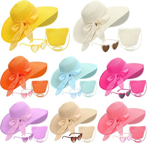 8 Sets Wide Brim Hats Heart Sunglasses and Straw Crossbags Bulk for Women, Summer Travel Beach Tea Party Bridemaid Supplies in Saudi Arabia