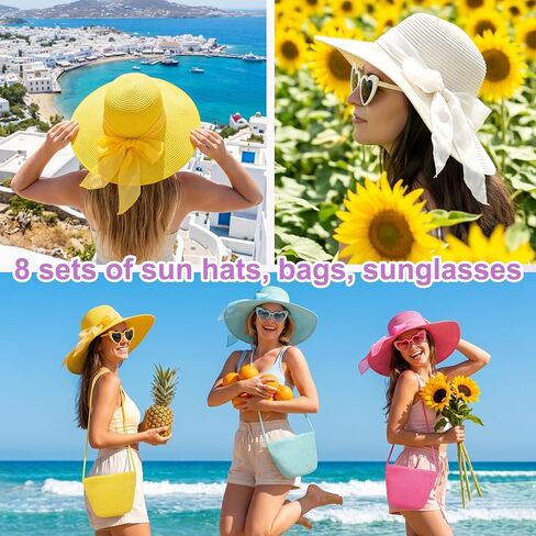 8 Sets Wide Brim Hats Heart Sunglasses and Straw Crossbags Bulk for Women, Summer Travel Beach Tea Party Bridemaid Supplies in Saudi Arabia