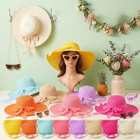 8 Sets Wide Brim Hats Heart Sunglasses and Straw Crossbags Bulk for Women, Summer Travel Beach Tea Party Bridemaid Supplies in Saudi Arabia