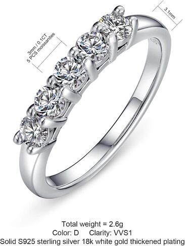WES 925 Sterling Silver D Color VVS1 Lab Created 0.5ct 3mm 5 Stones Moissanite Wedding Band Stackable Wedding Rings for Women, Size 6-8 in Saudi Arabia