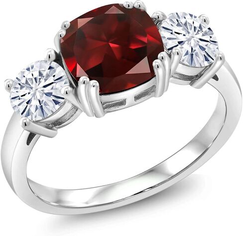 Gem Stone King 3.60 Cttw Red Garnet and White Moissanite 3-Stone Engagement Ring For Women | 925 Sterling Silver | January Birthstone | Cushion 8MM and Round 5MM | Available In Size 5, 6, 7, 8, 9 in Saudi Arabia