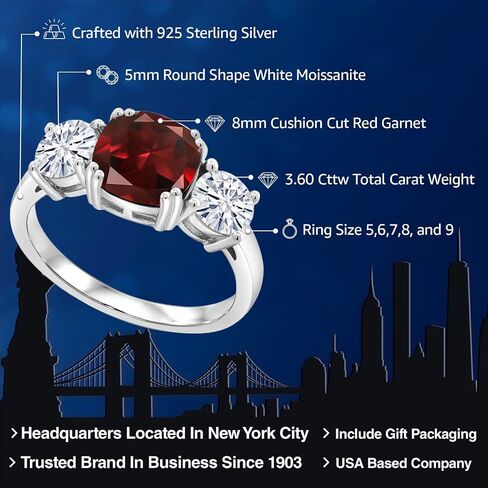 Gem Stone King 3.60 Cttw Red Garnet and White Moissanite 3-Stone Engagement Ring For Women | 925 Sterling Silver | January Birthstone | Cushion 8MM and Round 5MM | Available In Size 5, 6, 7, 8, 9 in Saudi Arabia