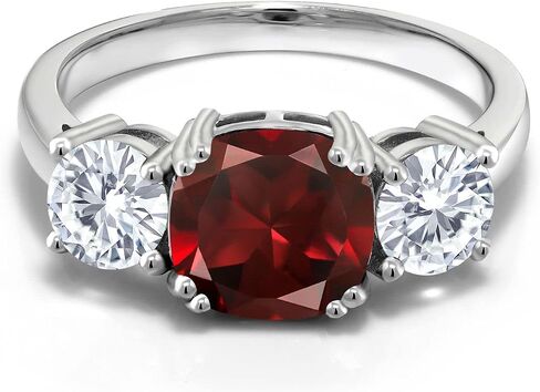 Gem Stone King 3.60 Cttw Red Garnet and White Moissanite 3-Stone Engagement Ring For Women | 925 Sterling Silver | January Birthstone | Cushion 8MM and Round 5MM | Available In Size 5, 6, 7, 8, 9 in Saudi Arabia