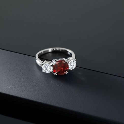 Gem Stone King 3.60 Cttw Red Garnet and White Moissanite 3-Stone Engagement Ring For Women | 925 Sterling Silver | January Birthstone | Cushion 8MM and Round 5MM | Available In Size 5, 6, 7, 8, 9 in Saudi Arabia