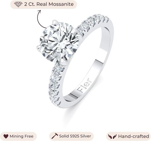 FLER 2CT Round Cut Moissanite Engagement Rings for Women, 8MM VVS1 D Color Center Stone with 16 Handmade Set Side Stones & Solid 925 Sterling Silver with 22K White Gold Filled, Wedding Ring for her in Saudi Arabia