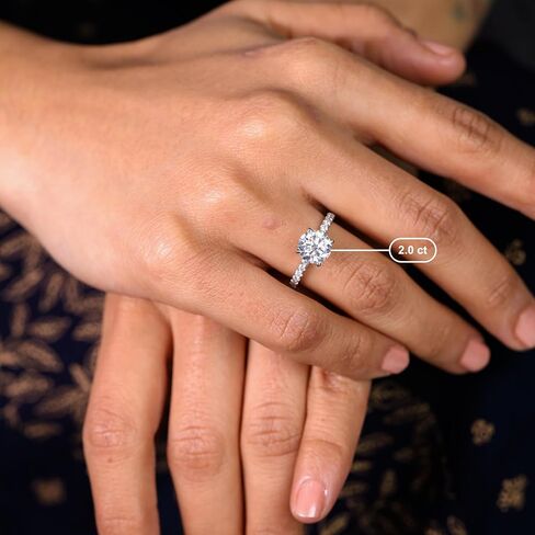 FLER 2CT Round Cut Moissanite Engagement Rings for Women, 8MM VVS1 D Color Center Stone with 16 Handmade Set Side Stones & Solid 925 Sterling Silver with 22K White Gold Filled, Wedding Ring for her in Saudi Arabia