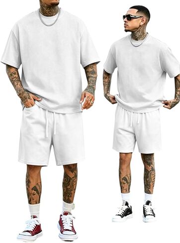 Men's Summer Cotton Short-sleeved T-shirt Shorts 2-piece Set Simple Fashionable Casual Beach Vacation Sports Running Fitness in Kuwait