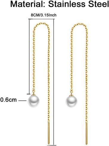 WangGao Stainless Steel Cute Imitation Pearl Dangle Threader Earrings | Long Chain Tassel, Dangle Style, Cute Design, Woman's Jewelry in Saudi Arabia