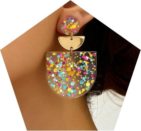 Women's Multicolor Confetti Acrylic Earrings - Boho Geometric Half Moon Dangle Earrings, Funky Neon Sparkly Statement Earrings for Summer Party & Daily Wear in Saudi Arabia
