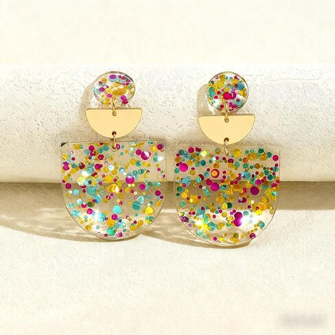 Women's Multicolor Confetti Acrylic Earrings - Boho Geometric Half Moon Dangle Earrings, Funky Neon Sparkly Statement Earrings for Summer Party & Daily Wear in Saudi Arabia