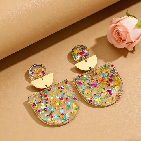 Women's Multicolor Confetti Acrylic Earrings - Boho Geometric Half Moon Dangle Earrings, Funky Neon Sparkly Statement Earrings for Summer Party & Daily Wear in Saudi Arabia