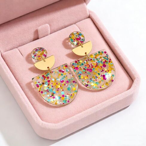 Women's Multicolor Confetti Acrylic Earrings - Boho Geometric Half Moon Dangle Earrings, Funky Neon Sparkly Statement Earrings for Summer Party & Daily Wear in Saudi Arabia
