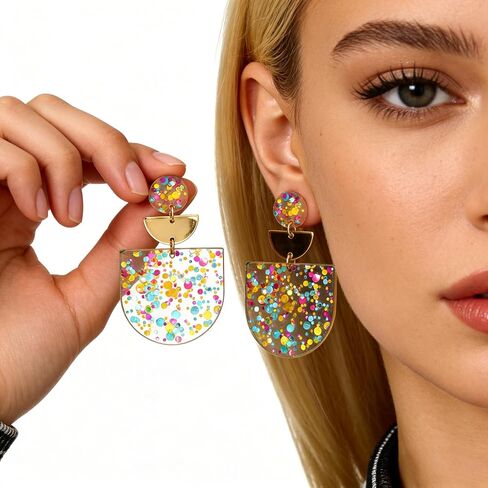 Women's Multicolor Confetti Acrylic Earrings - Boho Geometric Half Moon Dangle Earrings, Funky Neon Sparkly Statement Earrings for Summer Party & Daily Wear in Saudi Arabia