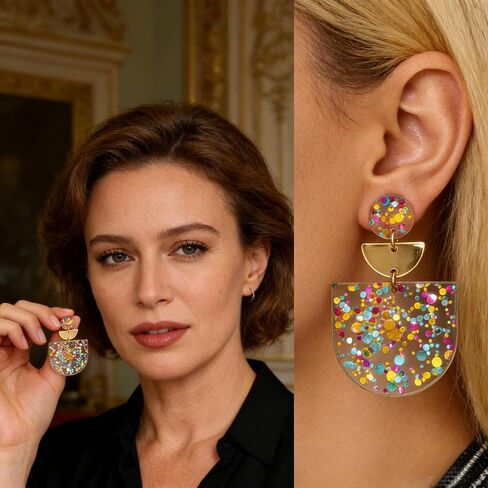 Women's Multicolor Confetti Acrylic Earrings - Boho Geometric Half Moon Dangle Earrings, Funky Neon Sparkly Statement Earrings for Summer Party & Daily Wear in Saudi Arabia