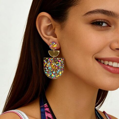 Women's Multicolor Confetti Acrylic Earrings - Boho Geometric Half Moon Dangle Earrings, Funky Neon Sparkly Statement Earrings for Summer Party & Daily Wear in Saudi Arabia