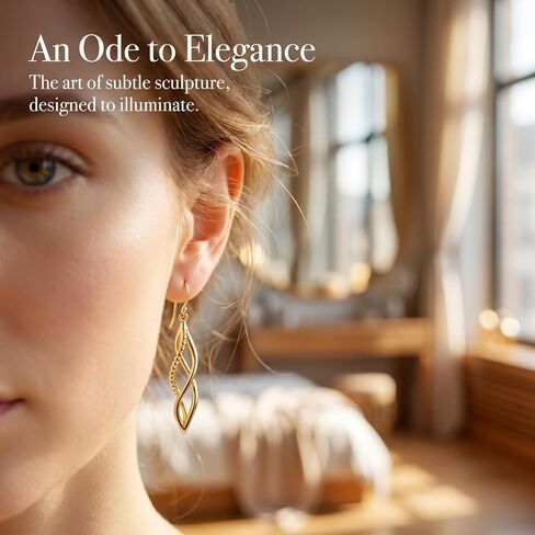14K Yellow Gold Infinity Twisted Drop Dangle Earrings for Women, Beaded Fish Hook Hypoallergenic Minimalist Earrings for Daily Wear Party Wedding and Gifting in Saudi Arabia