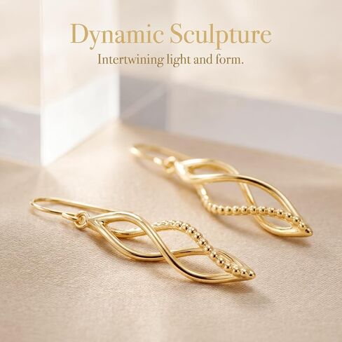 14K Yellow Gold Infinity Twisted Drop Dangle Earrings for Women, Beaded Fish Hook Hypoallergenic Minimalist Earrings for Daily Wear Party Wedding and Gifting in Saudi Arabia