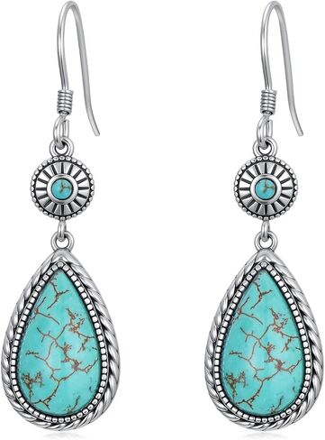 Genuine Turquoise Earrings 925 Sterling Silver Turquoise Teardrop Dangle Hook Earrings Native American Western Bohemian Jewelry Gifts for Women in Kuwait