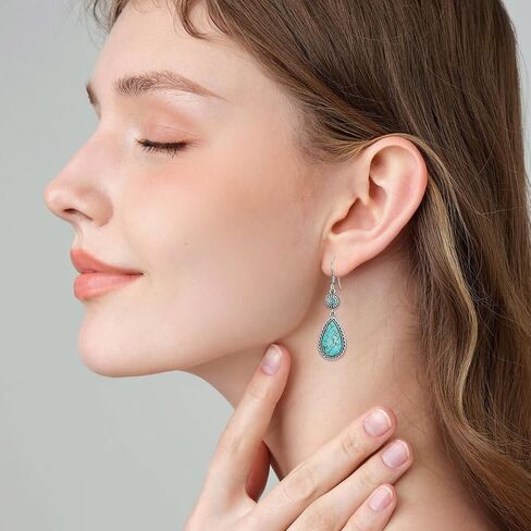 Genuine Turquoise Earrings 925 Sterling Silver Turquoise Teardrop Dangle Hook Earrings Native American Western Bohemian Jewelry Gifts for Women in Kuwait