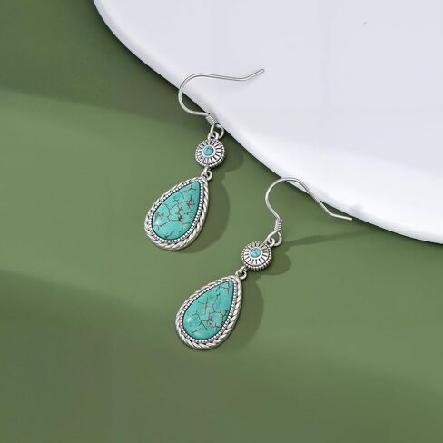 Genuine Turquoise Earrings 925 Sterling Silver Turquoise Teardrop Dangle Hook Earrings Native American Western Bohemian Jewelry Gifts for Women in Kuwait