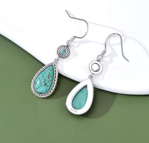 Genuine Turquoise Earrings 925 Sterling Silver Turquoise Teardrop Dangle Hook Earrings Native American Western Bohemian Jewelry Gifts for Women in Kuwait