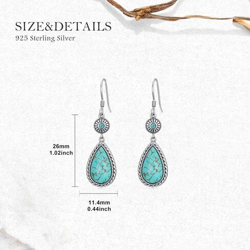 Genuine Turquoise Earrings 925 Sterling Silver Turquoise Teardrop Dangle Hook Earrings Native American Western Bohemian Jewelry Gifts for Women in Kuwait