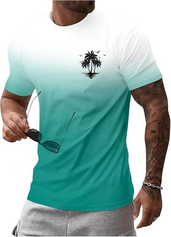 Mens Summer Graphic T-Shirts Gradient Tropical Palm Tree Printed Hawaiian Aloha Casual Crew Neck California Tees in Kuwait