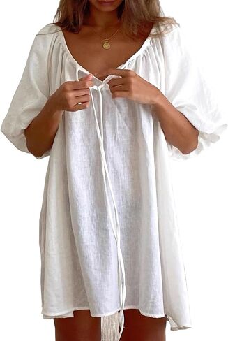 Women's Casual Cotton Puff Sleeve Pajamas, Loose V-Neck Tie Front Nightgown, Cover Up Dress in Saudi Arabia