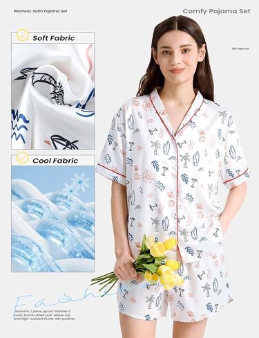 Yimoon Satin Pajama Set for Women 2 Piece Silk Pajamas Cute Floral Pj Set Short Seeve Button Down Pjs Sleepwear in Kuwait