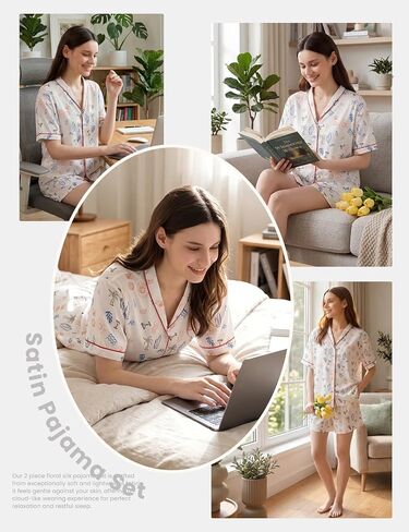 Yimoon Satin Pajama Set for Women 2 Piece Silk Pajamas Cute Floral Pj Set Short Seeve Button Down Pjs Sleepwear in Kuwait