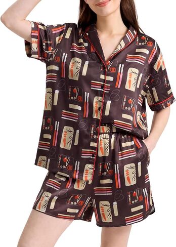 Yimoon Satin Pajama Set for Women 2 Piece Silk Pajamas Cute Floral Pj Set Short Seeve Button Down Pjs Sleepwear in Kuwait