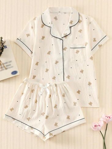 Women's Teddy Bear Printed Pajama Set in Kuwait