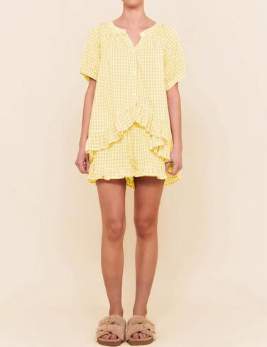 Womens 2 Piece Gingham Pajama Set Summer Outfits 2025 Cute Ruffle Pajamas Plaid Cotton Pjs Short Sleeve Matching Set Yellow in Saudi Arabia