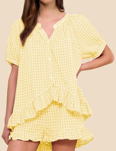 Womens 2 Piece Gingham Pajama Set Summer Outfits 2025 Cute Ruffle Pajamas Plaid Cotton Pjs Short Sleeve Matching Set Yellow in Saudi Arabia