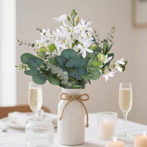 80 قطعة من Jiebor ينبع من نباتات الأوكالبتوس الخضراء المصنوعة من الحرير الصناعي والبلاستيك الاصطناعي والزهور البيضاء وأوراق الشجر والنباتات من أجل باقات DIY وترتيب الزهور المركزية وطاولات الخطوبة وديكور المنزل in Kuwait
