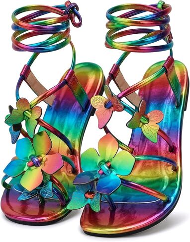 Women's Rainbow Strappy Sandals Butterfly Flower Lace Up Flat Summer Beach Shoes Comfortable Non-Slip Round Toe Chic in Saudi Arabia