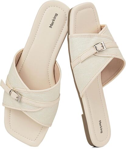 Merking Wide Width Sandals for Women Flat Casual Canvas woven Open Square Toe Comfortable Summer Beach Slide Sandal in Saudi Arabia
