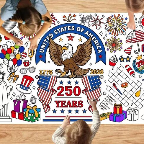4th of July Giant Coloring Poster/Tablecloth,250 Anniversary USA 31“*72“USA Historical Timeline Giant Coloring Tablecloth,US Map Coloring Poster,Kids Crafts Classroom Activities Party in Saudi Arabia