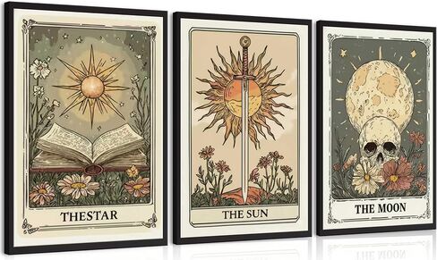 MJVCFWNS 3Pcs Tarot Card Wall Art Boho Celestial Bodies Sun Moon Star Painting Picture Wall Decor Vintage Skull Book Flowers Sword Poster Printing Artwork for Living Room Bedroom Office Home Decor in Saudi Arabia