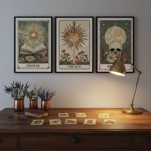 MJVCFWNS 3Pcs Tarot Card Wall Art Boho Celestial Bodies Sun Moon Star Painting Picture Wall Decor Vintage Skull Book Flowers Sword Poster Printing Artwork for Living Room Bedroom Office Home Decor in Saudi Arabia