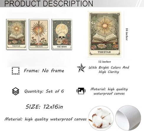 MJVCFWNS 3Pcs Tarot Card Wall Art Boho Celestial Bodies Sun Moon Star Painting Picture Wall Decor Vintage Skull Book Flowers Sword Poster Printing Artwork for Living Room Bedroom Office Home Decor in Saudi Arabia