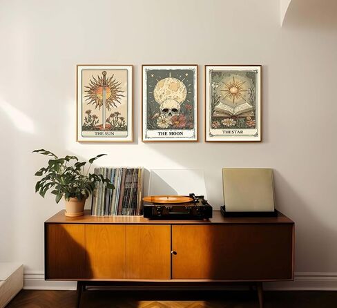 MJVCFWNS 3Pcs Tarot Card Wall Art Boho Celestial Bodies Sun Moon Star Painting Picture Wall Decor Vintage Skull Book Flowers Sword Poster Printing Artwork for Living Room Bedroom Office Home Decor in Saudi Arabia