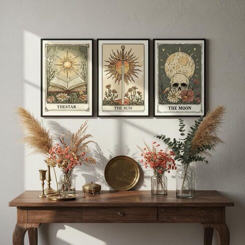 MJVCFWNS 3Pcs Tarot Card Wall Art Boho Celestial Bodies Sun Moon Star Painting Picture Wall Decor Vintage Skull Book Flowers Sword Poster Printing Artwork for Living Room Bedroom Office Home Decor in Saudi Arabia