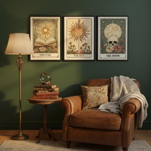 MJVCFWNS 3Pcs Tarot Card Wall Art Boho Celestial Bodies Sun Moon Star Painting Picture Wall Decor Vintage Skull Book Flowers Sword Poster Printing Artwork for Living Room Bedroom Office Home Decor in Saudi Arabia