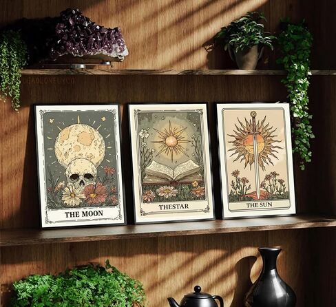 MJVCFWNS 3Pcs Tarot Card Wall Art Boho Celestial Bodies Sun Moon Star Painting Picture Wall Decor Vintage Skull Book Flowers Sword Poster Printing Artwork for Living Room Bedroom Office Home Decor in Saudi Arabia
