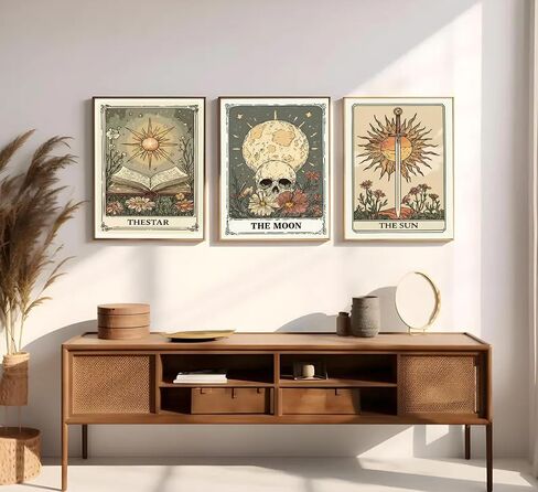 MJVCFWNS 3Pcs Tarot Card Wall Art Boho Celestial Bodies Sun Moon Star Painting Picture Wall Decor Vintage Skull Book Flowers Sword Poster Printing Artwork for Living Room Bedroom Office Home Decor in Saudi Arabia