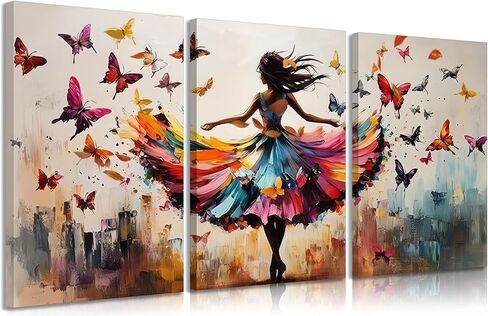 3pcs Ballet Girls Canvas Wall Art Elegant Ballet Dancer Wall Decor Pictures Abstract Butterfly Posters Prints Paintings for Girls Bedroom Dance Room Living Home Room Decoration Ready To Hang in Saudi Arabia