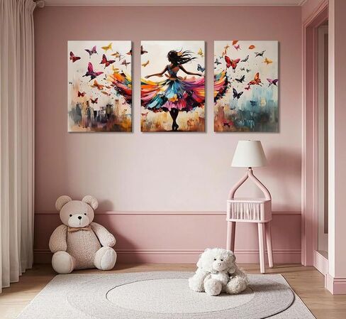 3pcs Ballet Girls Canvas Wall Art Elegant Ballet Dancer Wall Decor Pictures Abstract Butterfly Posters Prints Paintings for Girls Bedroom Dance Room Living Home Room Decoration Ready To Hang in Saudi Arabia