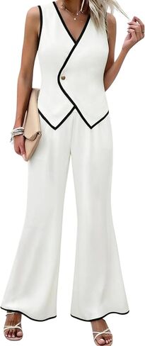 ZEEJINNG Women's 2 Piece Outfits Sleeveless Blazer Vest High Waist Pants Suit Contrast Business Casual Sets in Saudi Arabia