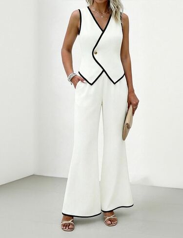 ZEEJINNG Women's 2 Piece Outfits Sleeveless Blazer Vest High Waist Pants Suit Contrast Business Casual Sets in Saudi Arabia
